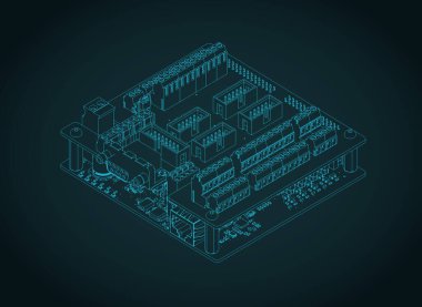 3-5 eksenli değirmen, dönüş, plazma ve oyma makinelerinde kullanılan yüksek performanslı CNC kontrol paneli. İzometrik bir plan. Biçimlendirilmiş vektör çizimi