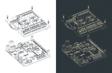 3-5 eksenli değirmen, dönüş, plazma ve oyma makinelerinde kullanılan yüksek performanslı CNC kontrol paneli. İzometrik çizimler. Biçimlendirilmiş vektör çizimleri