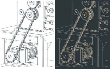 Endüstri makinesi. Bir elektrik motorundan iletim izometrik çizimlerine zincir sürücüsü biçimlendirilmiş vektör çizimleri