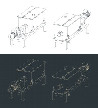Kuru materyalleri işlemek ve karıştırmak için endüstriyel karıştırıcı izometrik çizimler biçimlendirilmiş vektör çizimleri