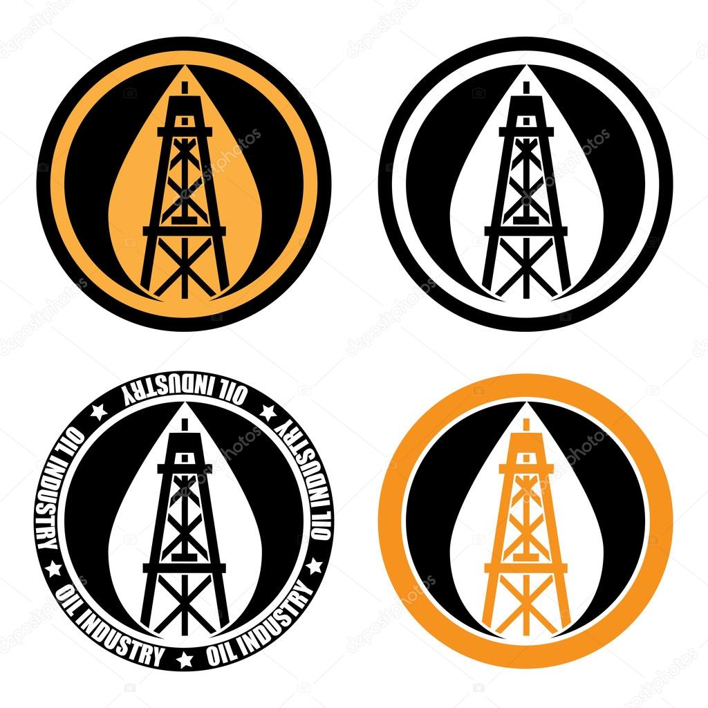 Symbol or logo of an oil company. Oil rig and the stylized drop of oil on the background of the sun.