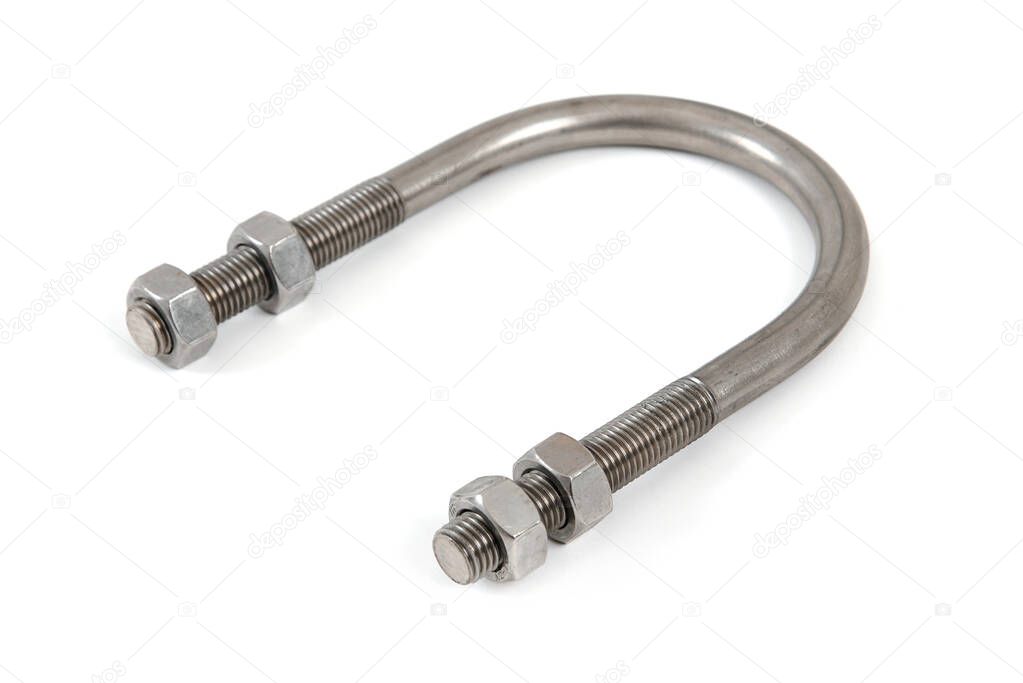 Metal clamp for pipes with screws on white background