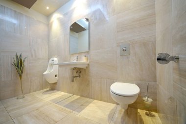 Modern beige room with toilet, sink, mirror and bidet