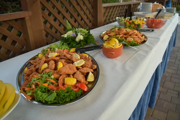 Açık Büfe Masasında Salata Soğanla Süslenmiş Çeşitli Barbekü Etleri Restorandaki — Stok fotoğraf