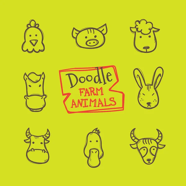 Vector doodle style farm animals icons set. Cute hand drawn collection of animal heads — Stock Vector