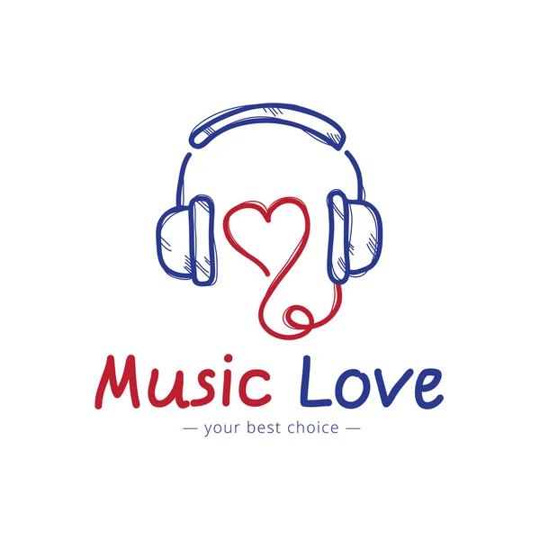 Logo del negozio di musica in stile schizzo vettoriale. Cuffie e logotipo cardiaco . — Vettoriale Stock