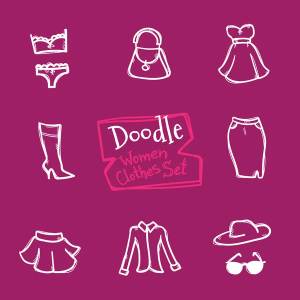 Vector doodle estilo mulheres roupas ícones set. Coleção desenhada à mão de objetos de moda —  Vetores de Stock