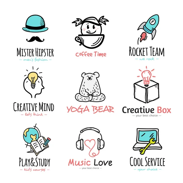 Set aus Vektor-Doodle und Skizzen-Stil-Logos. — Stockvektor