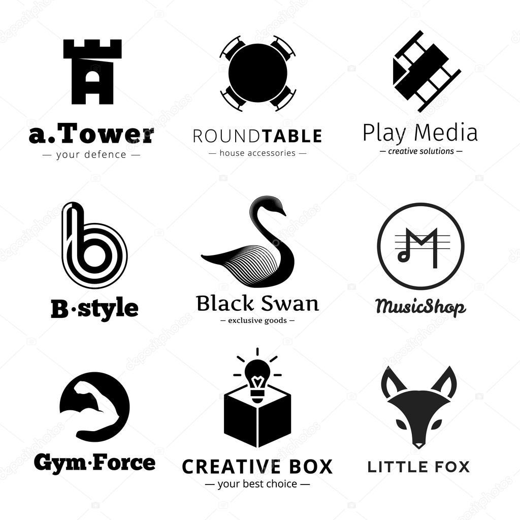Set of vector minimalistic black and white logos. Swan logo, gym logo template, music logo, fox sign, table logo, b letter logo, creative idea logo, tower logo