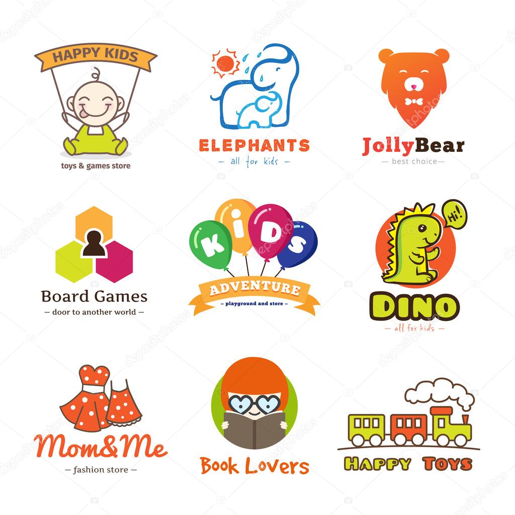 Set of vector children goods logos. Cartoon style elephants logo, dino logo, board games logo, children fashion logo, toys logo, library logo, bear logo