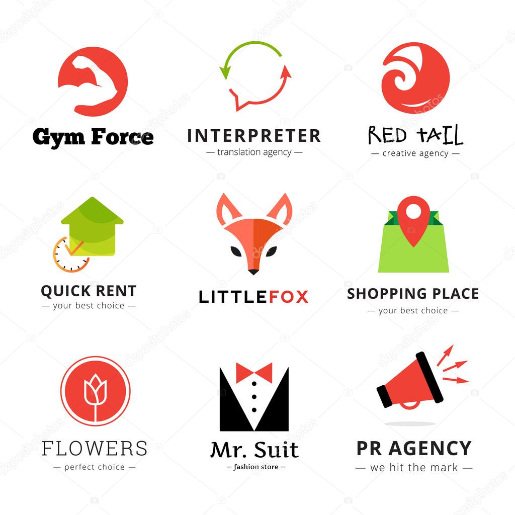 Set of vector bright modern logos. Fox logo, flowers shop logo, loudspeaker logo, translation agency logo, fashion store logo, gym logo, fox tail logo