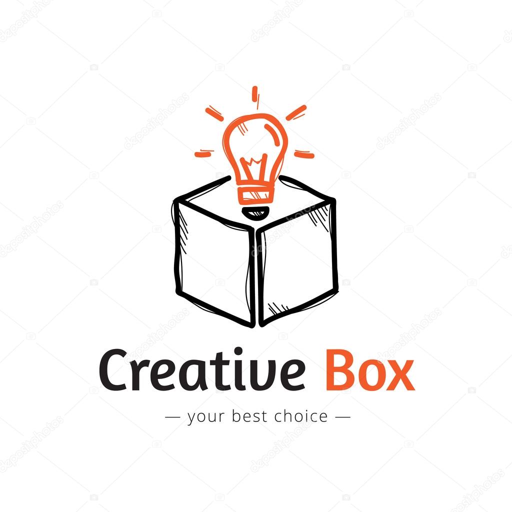 Vector trendy minimalistic light bulb in a box logo. Doodle style logo