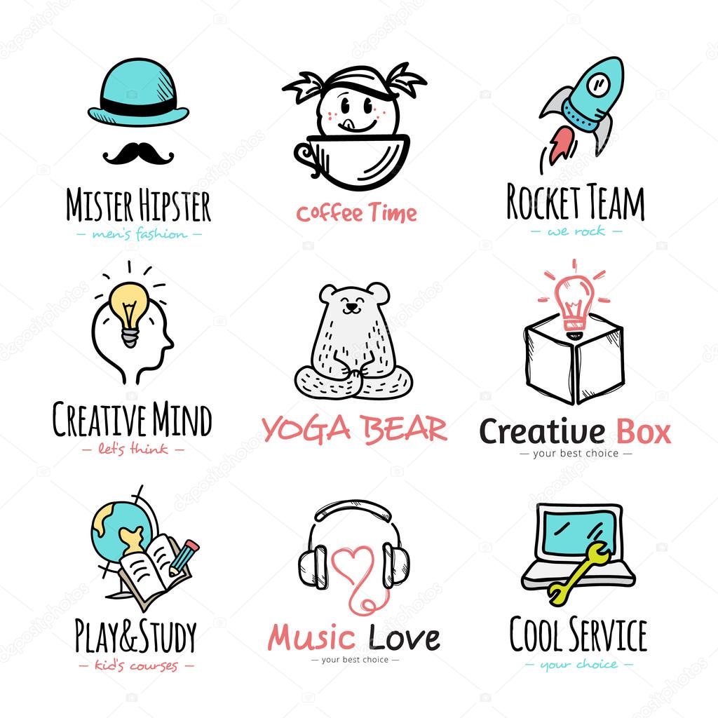 Set of vector doodle and sketch style logos. Creative yoga logo template, idea logo, music logo, education logo, service logo template, rocket logo, fashion logo