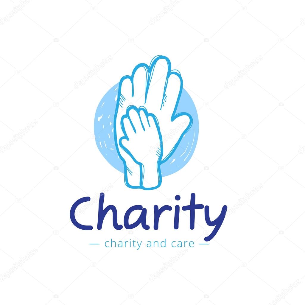 Vector sketch style charity center logo. Hospital logotype with hands