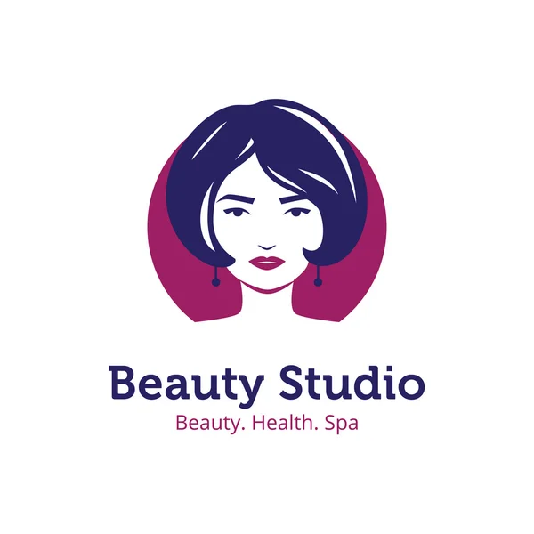 Logotipo de estudio de belleza minimalista vectorial en colores azul y púrpura. Hermoso logotipo de la cabeza mujer. Plantilla de logotipo de salón de spa . — Vector de stock