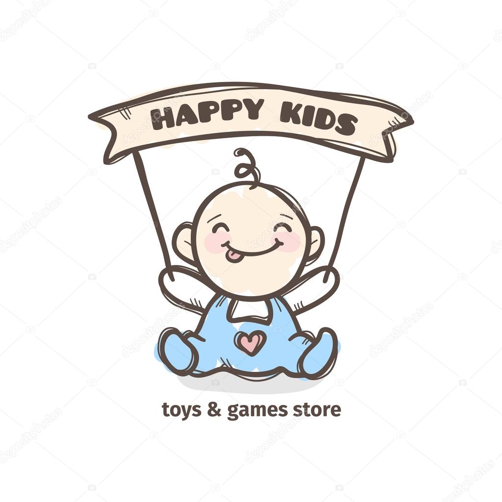 Vector cute baby logo in sketch style. Toys and games store doodle logo in tender colors