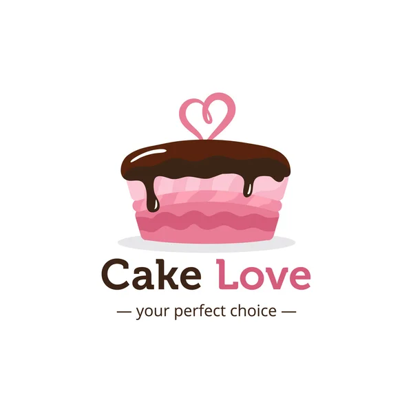 Vector cute shiny pink cake logo with chocolate and heart on the top. Wedding cake store logo. Sweets shop logo. — Stock Vector