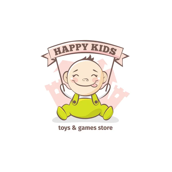 Χαριτωμένο μωρό λογότυπο φορέα σε στυλ σκίτσο. Παιχνίδια και παιχνίδια κατάστημα doodle λογότυπο σε τρυφερά χρώματα με μικρό κάστρο στο παρασκήνιο — Διανυσματικό Αρχείο