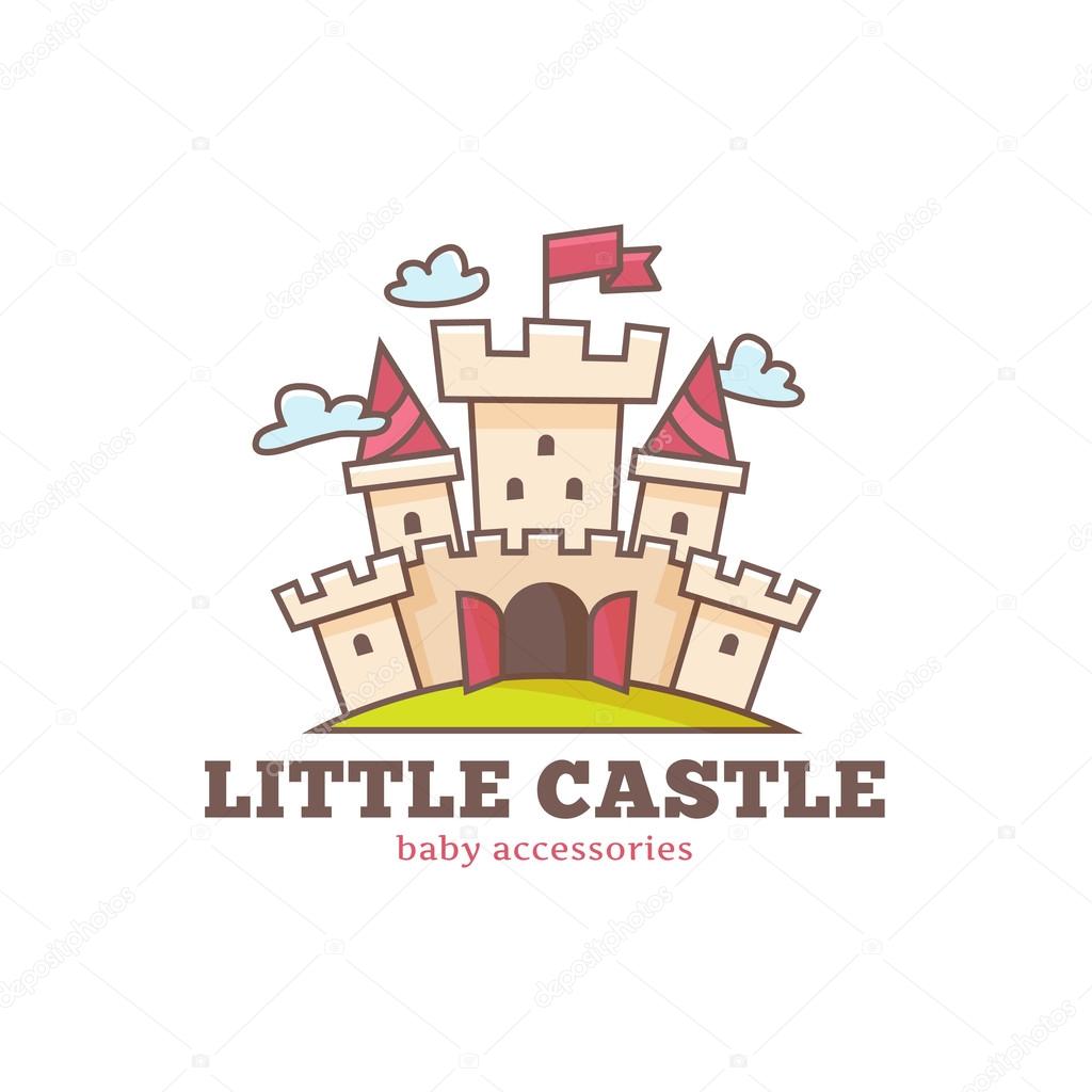 Vector cute little castle logo for baby shop. Kids town logo.