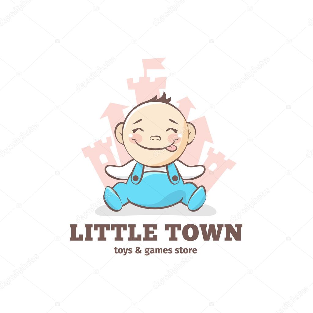 Vector cute baby logo in sketch style. Toys and games store doodle logo in tender colors with little castle on the background