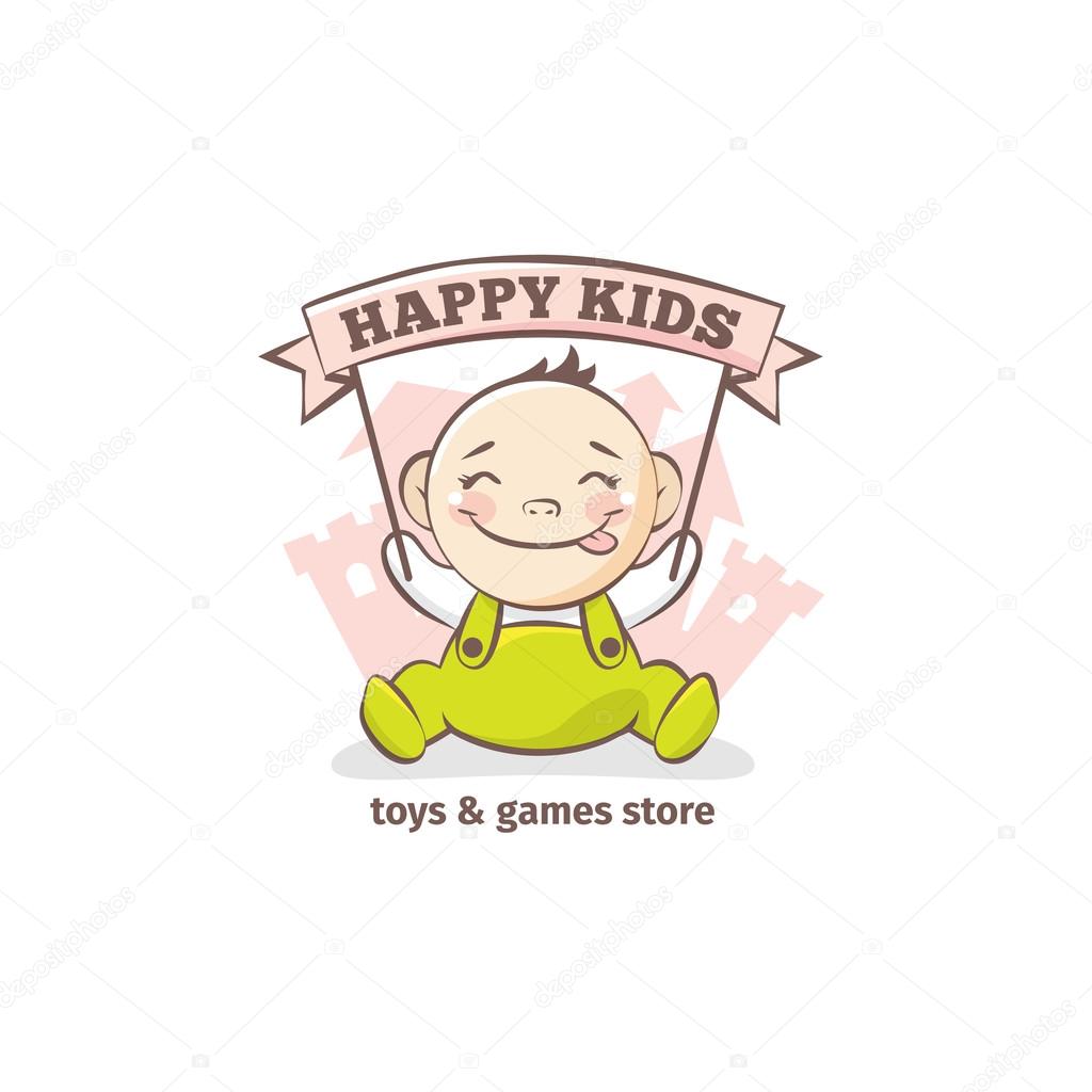 Vector cute baby logo in sketch style. Toys and games store doodle logo in tender colors with little castle on the background