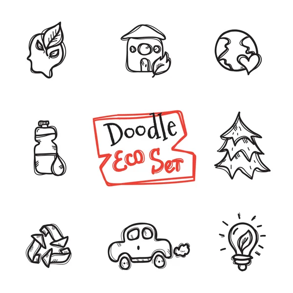Διάνυσμα doodle eco σύνολο στυλ. Χαριτωμένο χέρι που συλλογή από οικολογική εικονίδια — Διανυσματικό Αρχείο