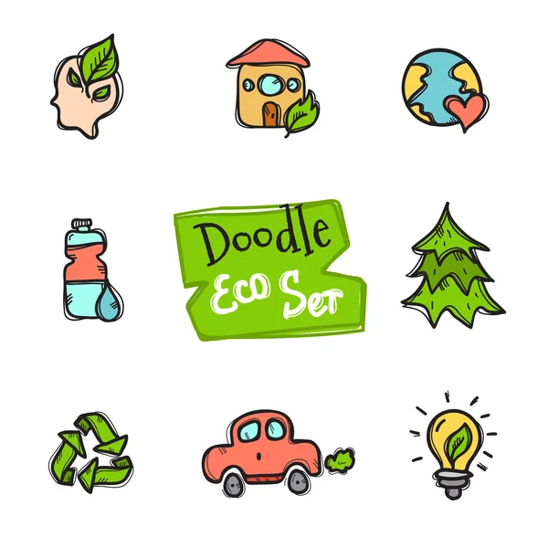 Διάνυσμα doodle eco σύνολο στυλ. Χαριτωμένο χέρι που συλλογή από οικολογική εικονίδια — Διανυσματικό Αρχείο