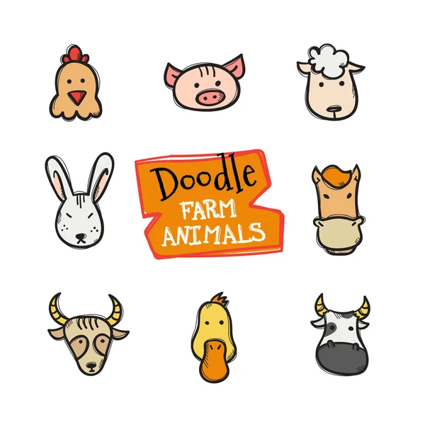 Vector doodle style farm animals icons set. Cute hand drawn collection of animal heads — Stock Vector