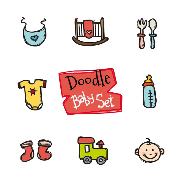 Ensemble d'icônes vectorielles pour bébé doodle. Mignon collection dessinée à la main d'objets pour enfants — Image vectorielle