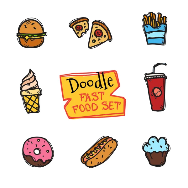 Set di fast food in stile doodle vettoriale. Graziosa raccolta disegnata a mano di icone snack — Vettoriale Stock