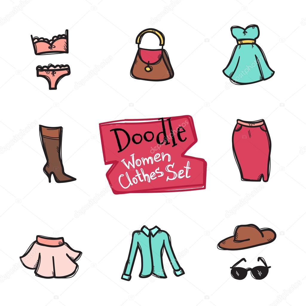 Vector doodle style women clothes icons set. Cute hand drawn collection of  fashion objects