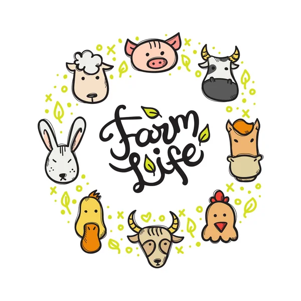 Vektör çiftlik hayvanları tarzı daire kare Aydın el yazıt ile doodle