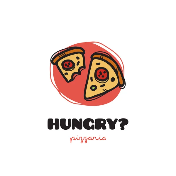 Vektör komik tarzı pizza dilimleri logo doodle. Yarım yamalak snack bar ve kafe logosu — Stok Vektör