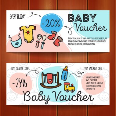 Vektör indirim kuponları bebek mallar için set. Renkli doodle indirim çeki şablonları. Bebek Aksesuar ve kıyafet promo kartları sunar.