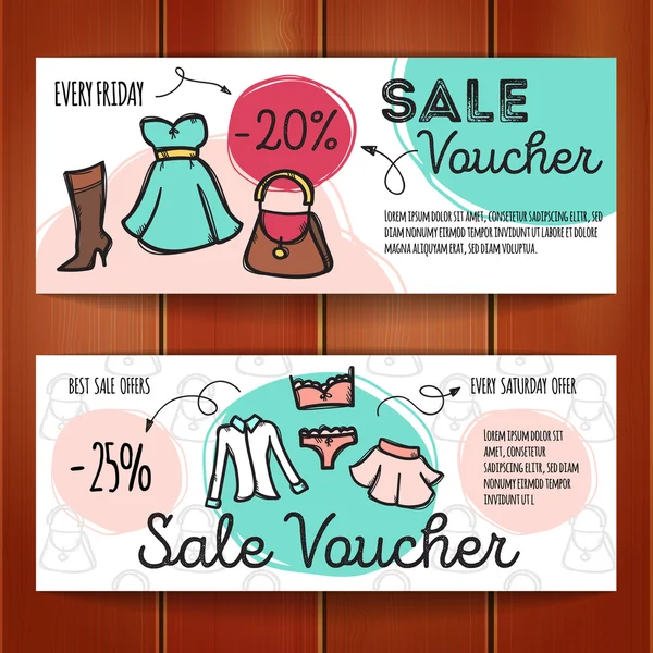 Vector set of discount coupons for woman clothes, underwear and accessories. Colorful doodle style discount voucher templates. Fashion store promo offer cards. — Stock Vector