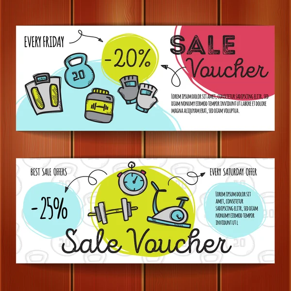 Vector set kortingsbonnen voor sport accessoires. Kleurrijke doodle korting voucher stijlsjablonen. Sportschool en fitness apparatuur promo aanbod kaarten. — Stockvector