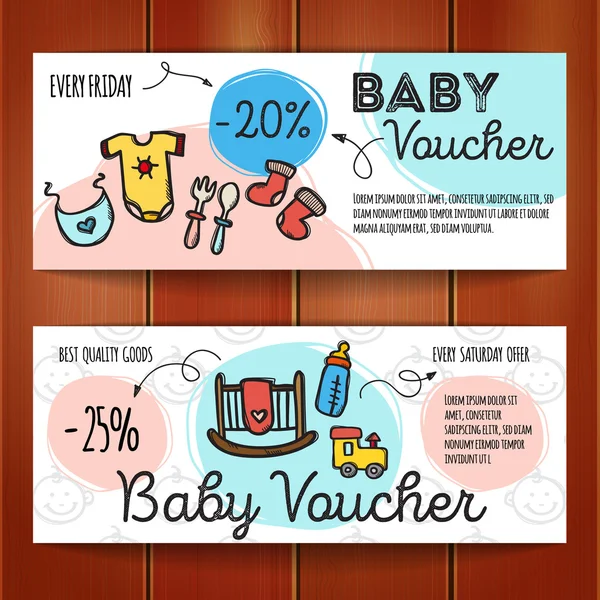 Vector set kortingsbonnen voor baby goederen. Kleurrijke doodle korting voucher sjablonen. Baby accessoires en kleding promo bieden kaarten. — Stockvector