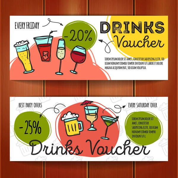 Ensemble vectoriel de coupons de réduction pour les boissons. Coloré style doodle boissons alcoolisées modèles de bons de réduction. Cocktail bar promo offre cartes . — Image vectorielle