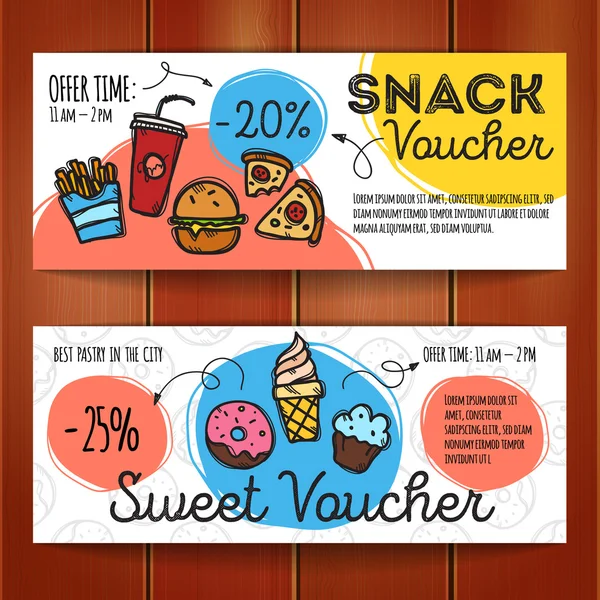 Kumpulan kupon diskon untuk makanan cepat saji dan makanan penutup. Templat voucher doodle warna-warni. Promo snack menawarkan kartu . - Stok Vektor