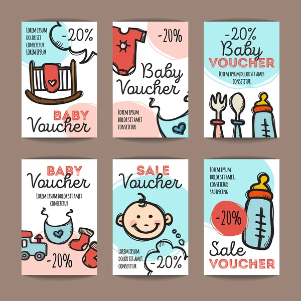 Vector set med rabattkuponger för baby varor. Färgglada doodle stil rabatt verifikationsmallar. Baby tillbehör och kläder promo erbjuda kort. — Stock vektor