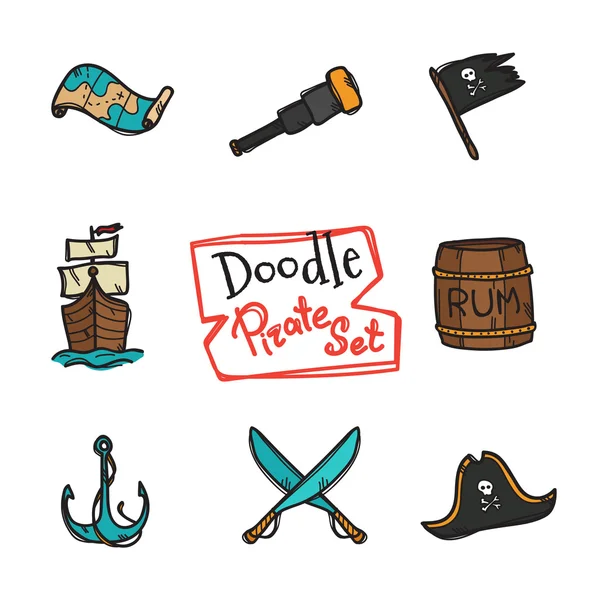 Vector doodle pirat ikoner anger. Hand dras samling sjöman objekt — Stock vektor