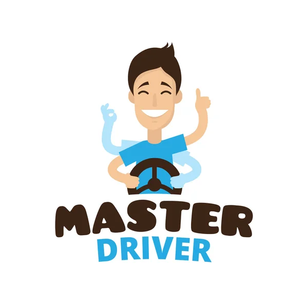 Vector lindo estilo de dibujos animados mascota conductor logotipo de la escuela. Guru símbolo de conducción adolescente — Vector de stock