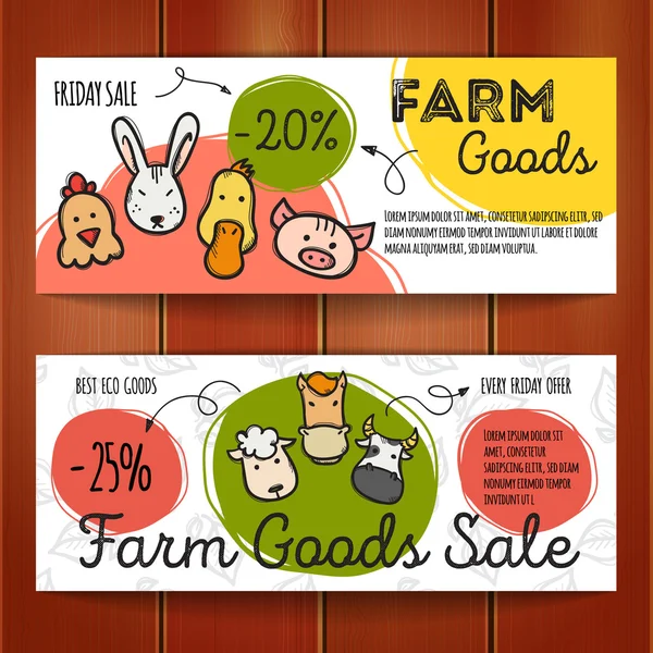 Vector set kortingsbonnen voor eco voedsel goederen. Kleurrijke doodle stijlsjablonen voucher. Boerderij producten slaan promo aanbod kaarten. — Stockvector