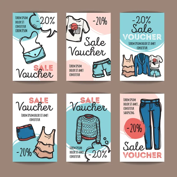 Vector set kortingsbonnen voor kleding van de vrouw en accessoires. Kleurrijke doodle stijlsjablonen voucher. Fashion store promo aanbod kaarten. — Stockvector