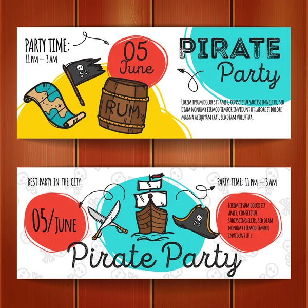Vector set van grappige partij flyers. Kleurrijke doodle stijl piraat nacht banners sjablonen. — Stockvector