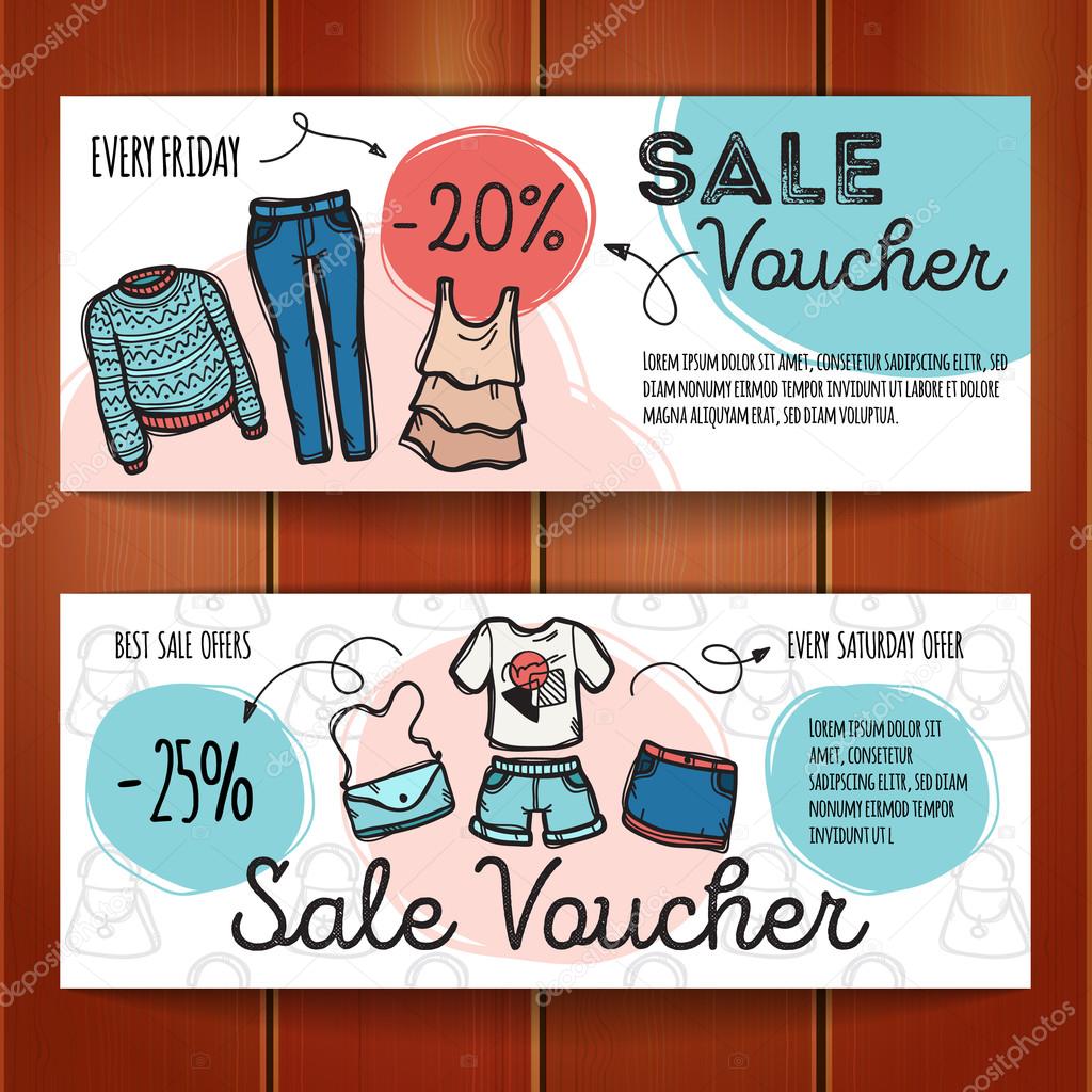 Vector set of discount coupons for woman clothes and accessories. Colorful doodle style voucher templates. Fashion store promo offer cards. Stock Vector by Stacy T 111736386
