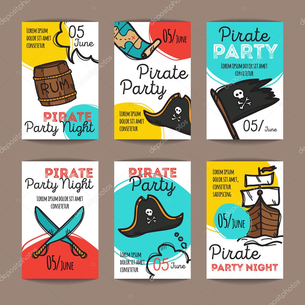 Vector set of funny party flyers. Colorful doodle style pirate night banners templates. Stock Vector Image by ©Stacy_T #111736456 Vector set of funny party flyers. Colorful doodle style pirate night banners templates. Stock Vector Image by ©Stacy_T #111736456