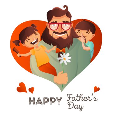 Babalar Günü vektör kavramı. Mutlu aile ile İllüstrasyon. Hipster adamı ve çocukları. Tebrik kartı.