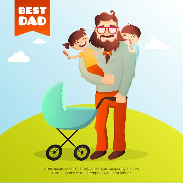 父亲节矢量概念。与幸福的家庭的插图。嬉皮士和他的孩子们. — 图库矢量图片