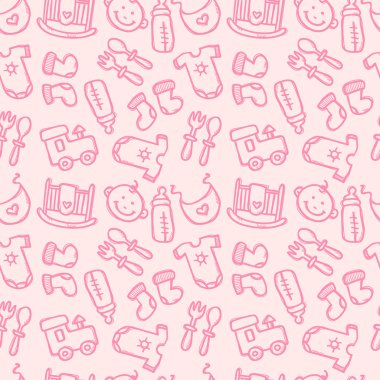 Bebek nesneleri ile vektör sorunsuz desen. Doodle tarzında yenidoğan giysi ve aksesuarları dikişsiz arka plan